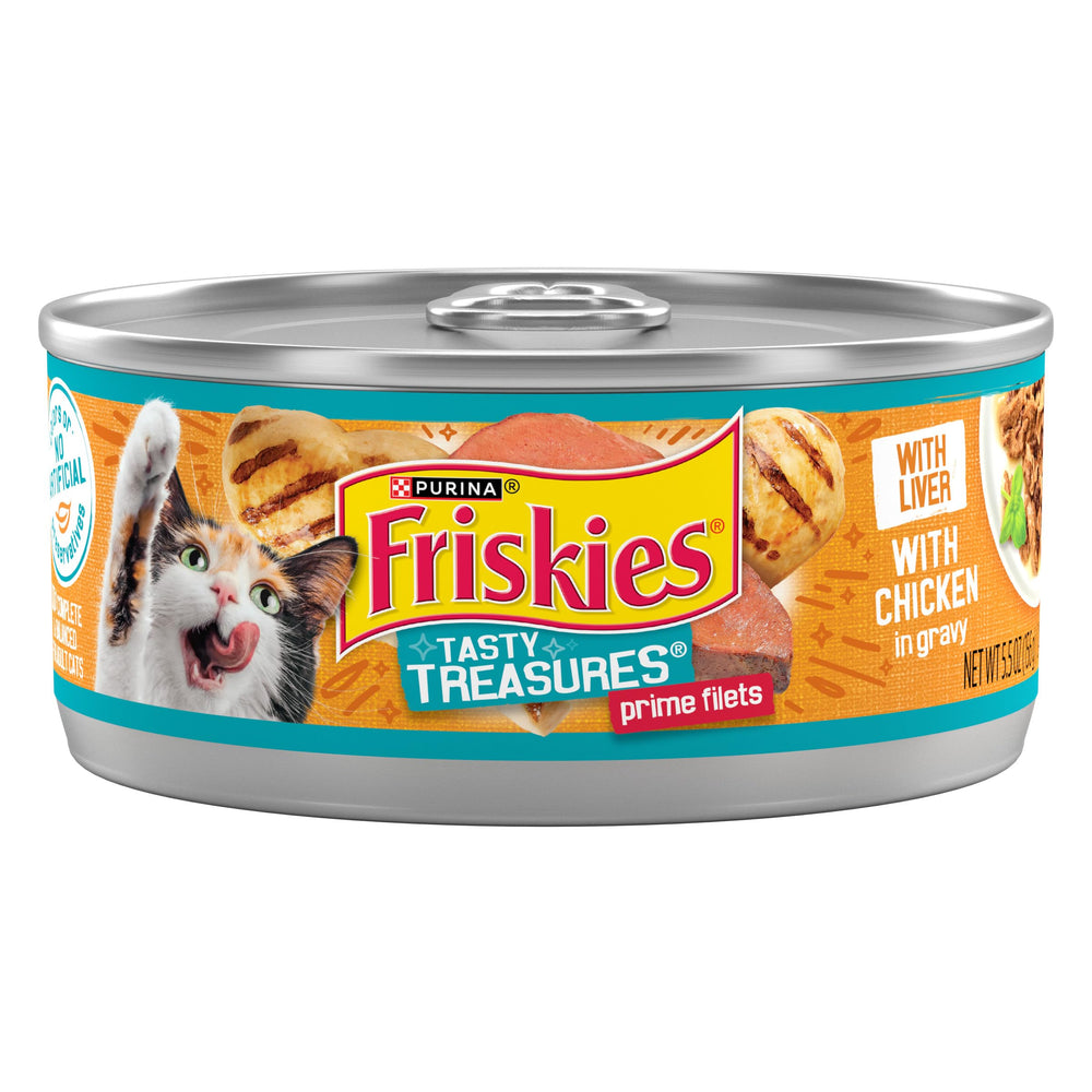 Friskies Tasty Treasures poulet et foie dans une sauce appétissante pour chat.