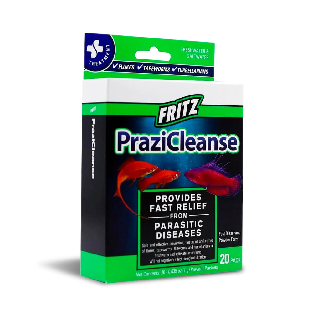 Fritz Aquatics PraziCleanse, boîte de 20 sachets, dosage pratique.