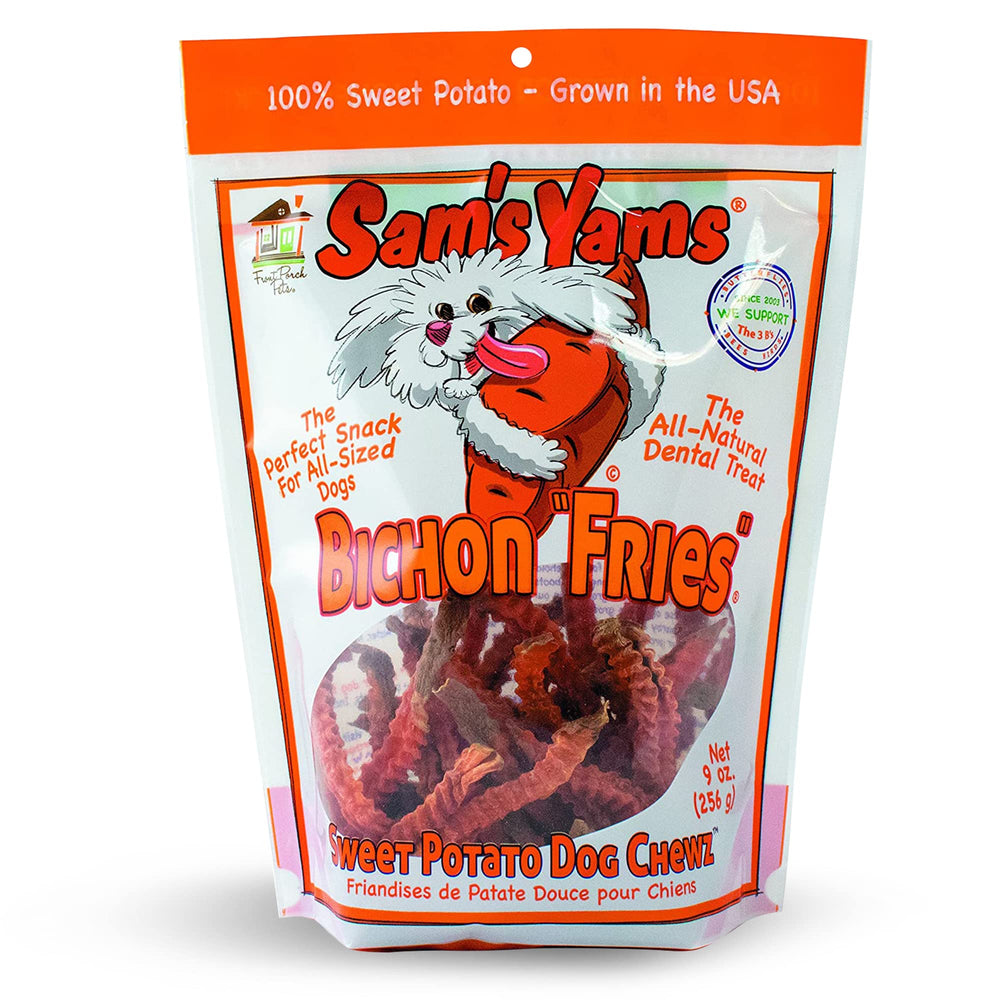Emballage Sams Yams Bichon Fries Front Porch Pets, pratique et facile à transporter.