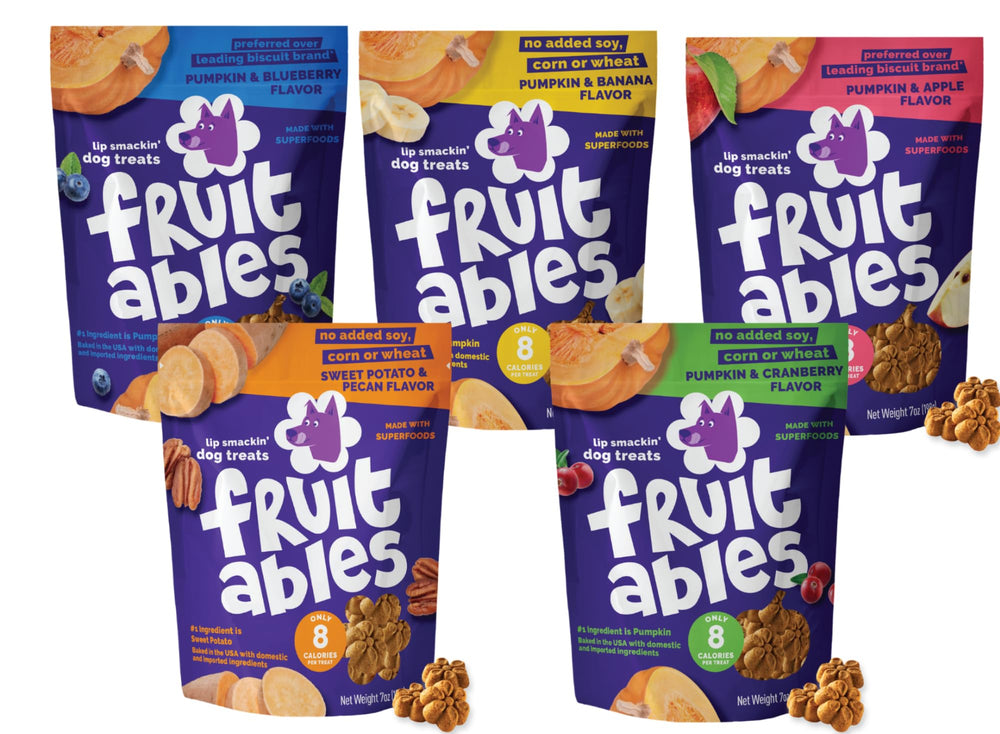 Friandises Fruitables Citrouille pour chien, ensemble 5 saveurs, régal varié.