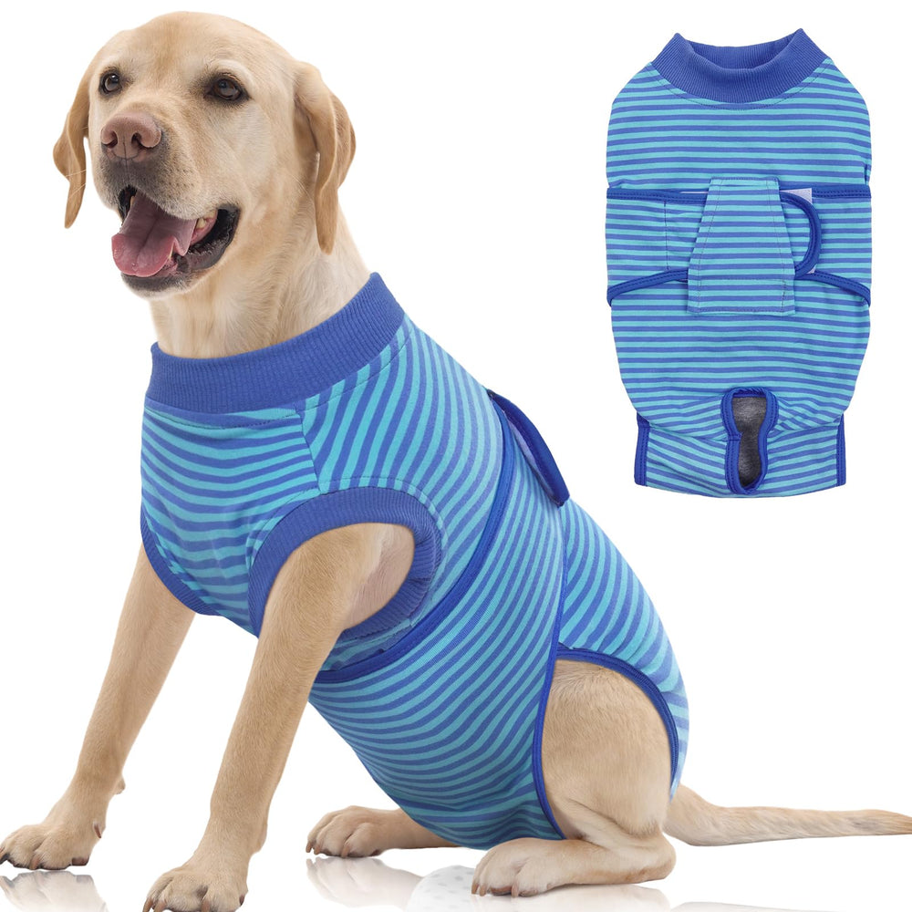 FUAMEY Recovery Suit pour chien portant une veste rayée navy, confort et liberté