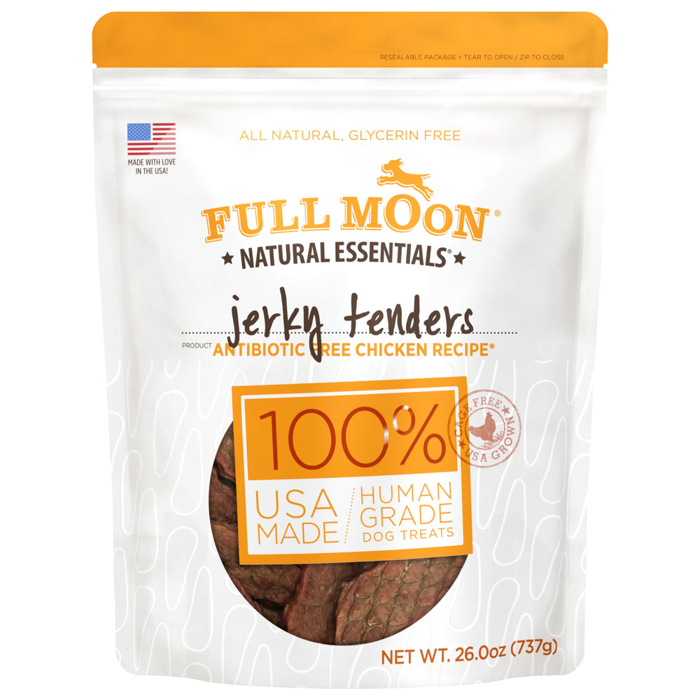 Full Moon Tenders poulet: sachet ouvert, friandise naturelle et savoureuse pour chien.