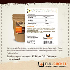 Pot FullBucket montrant le dosage pour 30 portions de probiotiques équins.