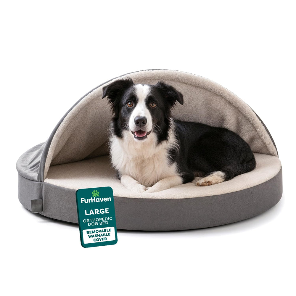 Lit orthopédique FurHaven: coussin rond pour chien grand offrant soutien ciblé.