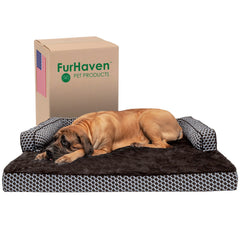 Lit orthopédique Furhaven pour grands chiens, surface pelucheuse et soutien dorsal.