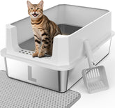 FURTIME bac-litiere en acier inoxydable avec couvercle grand, espace privé et nettoyage facile.