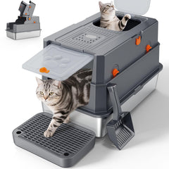 Boîte litière inox FURTIME avec couvercle, durabilité et entretien faciles pour chats.
