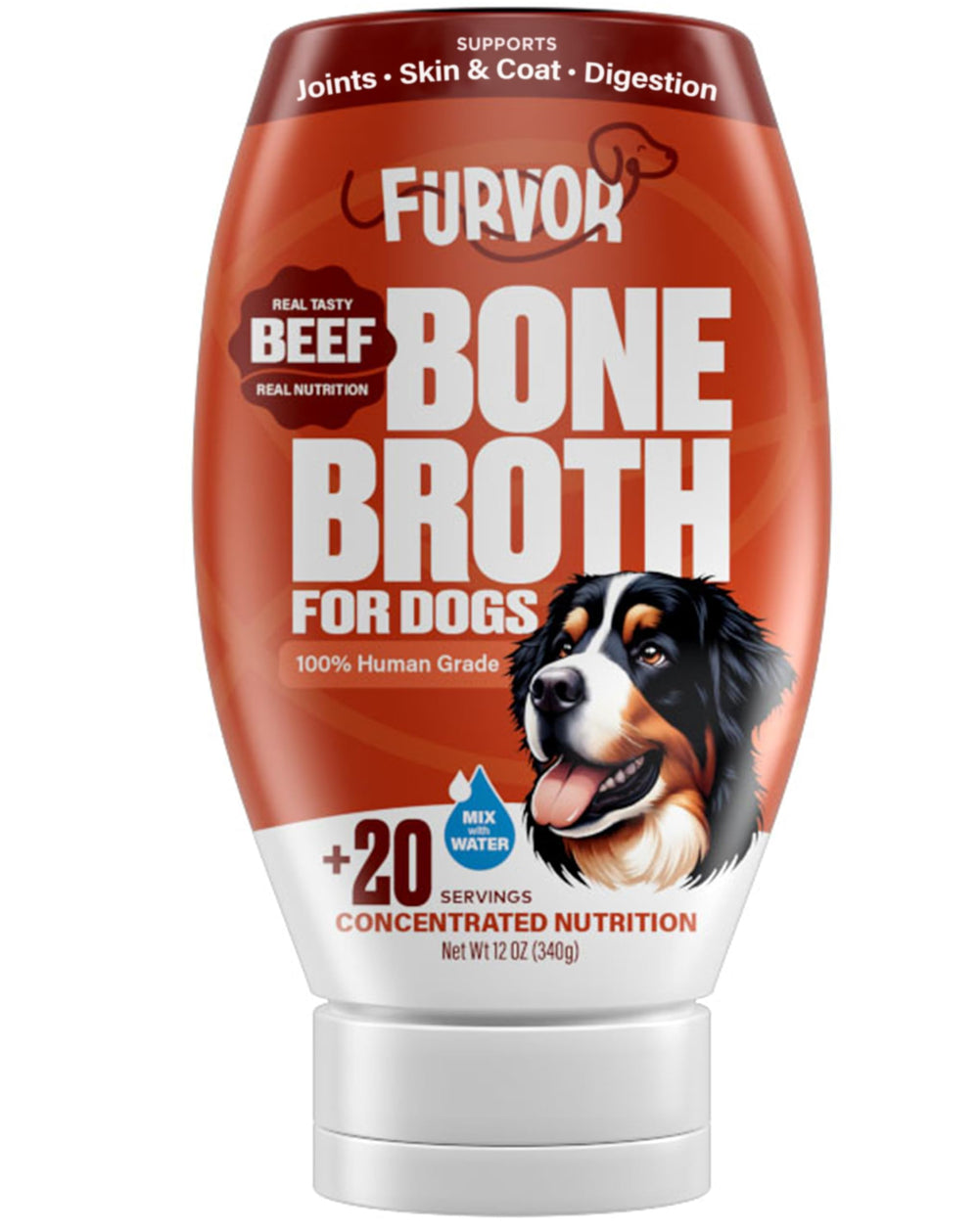Furvor Bouillon d'Os pour chien, bouteille prête à verser sur les croquettes pour hydrater l'alimentation.