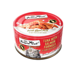 Boîte Fussie Cat tuna-saumon, lait-chèvre prête à servir pour un repas rapide.