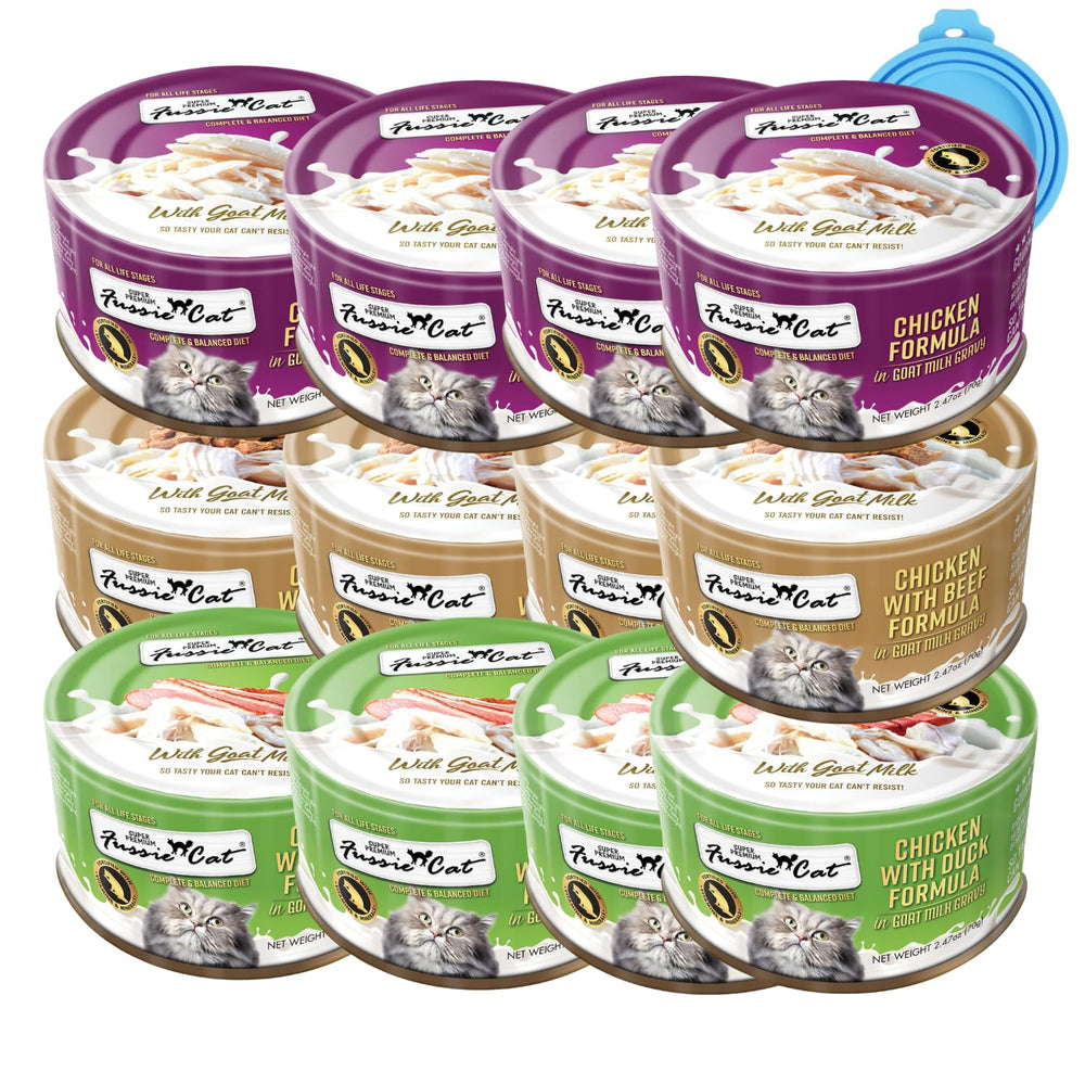Fussie Cat conserve au lait de chèvre, texture veloutée pour chats exigeants.