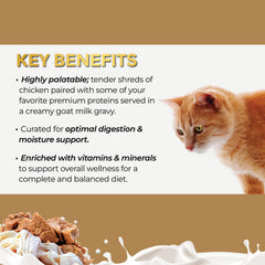 Conserve Fussie Cat au lait de chèvre prête à être servie.