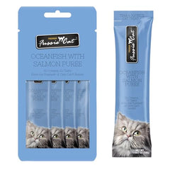 Garniture Fussie Cat poisson et saumon, encas gourmand pour chat.