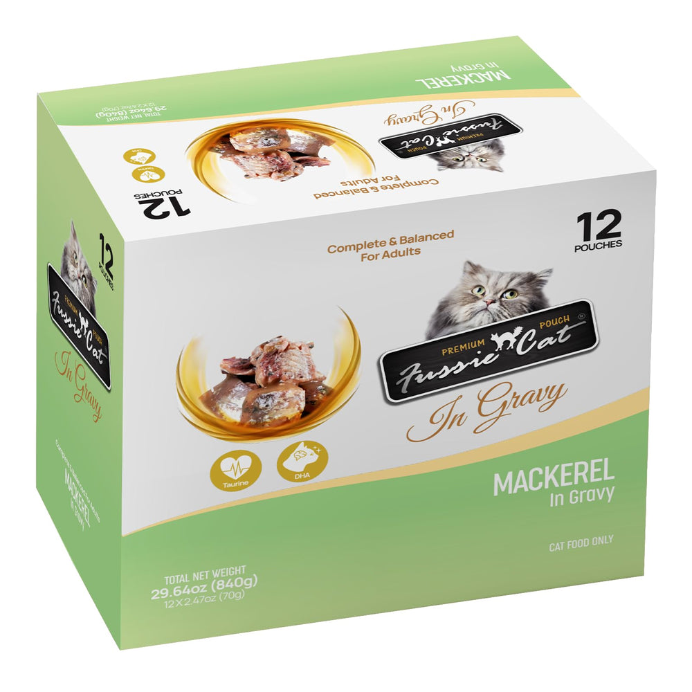 Fussie Cat Premium Maquereau en sauce, poche pratique pour repas rapide et appétissant.