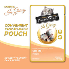 Fussie Cat Premium Sardine dans Sauce – texture humide qui soutient l'hydratation.