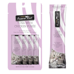 Purée Fussie Cat thon-poulet, texture douce pour régaler votre chat au repas.