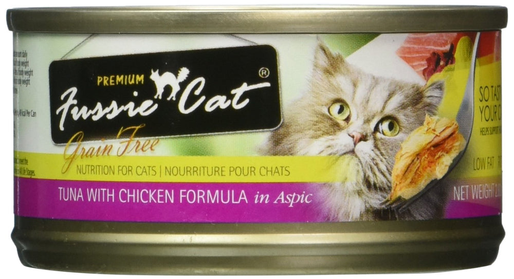 Fussie Cat sans céréales thon poulet émiettés, protéines de haute qualité pour chats actifs.