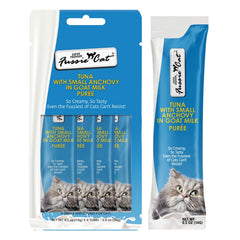 Fussie Cat thon-anchois purée lait chèvre : récompense savoureuse et facile à servir.