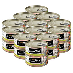 Fussie Cat Thon-Crevettes en Aspic dans une boîte, repas humide pratique et appétissant.