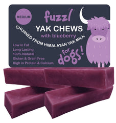 Fuzzl Yak Chews myrtille emballage 4-pack, friandise naturelle longue durée.
