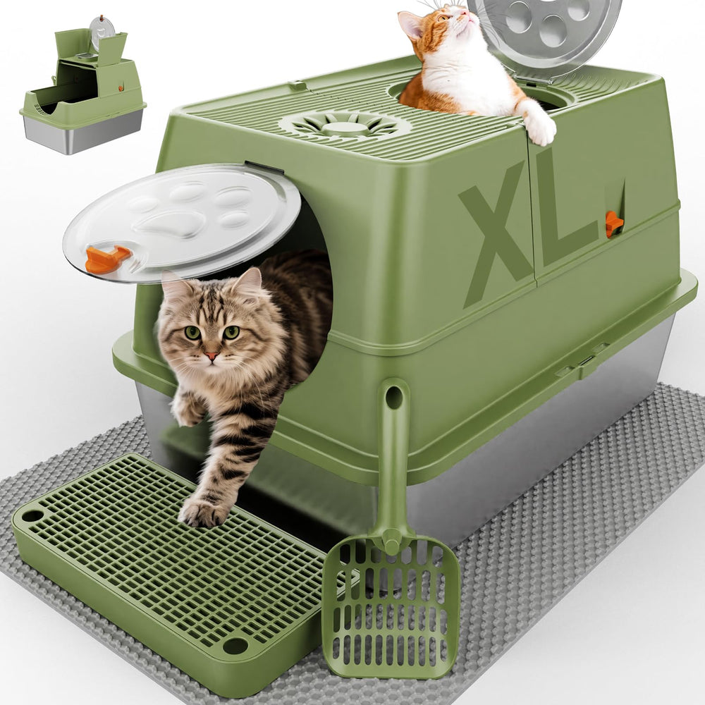 FZGhome Litière en acier inoxydable XXL avec couvercle, nettoyage facilité et confinement des odeurs.