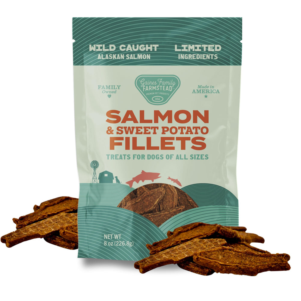 GAINES FAMILY FARMSTEAD filets saumon et patate douce en sachet 8 oz, friandises naturelles.