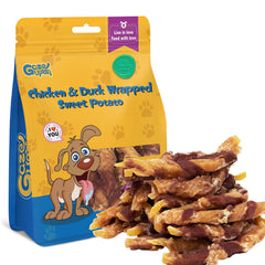 Friandises gazeupon pour chiens poulet et canard enveloppées de patate douce, idéal pour l'entraînement.