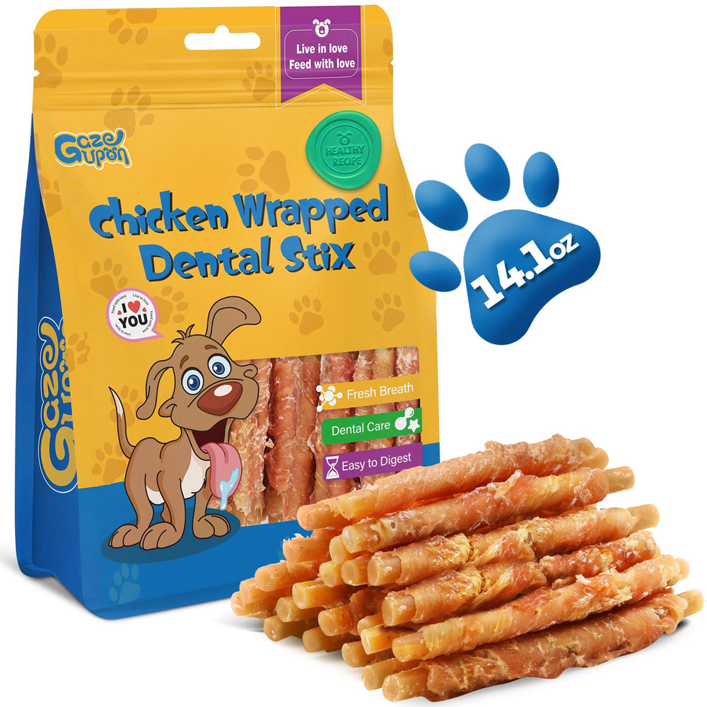 Gazeupon snacking dentaires chien wrap poulet beurre arachide: routine dentaire savoureuse.