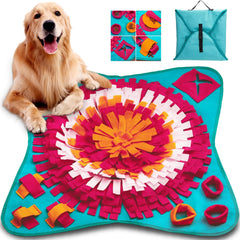 Tapis de recherche olfactive générique turquoise avec fleurs rose et orange, stimule l'odorat.