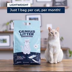 Genius Litter: cristaux silice sans poussiere reduisant les traces et allergenes.