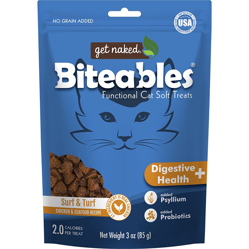 Get Naked Biteables pour chats, focus sante digestive, bouchées douces favorisant l équilibre intestinal.