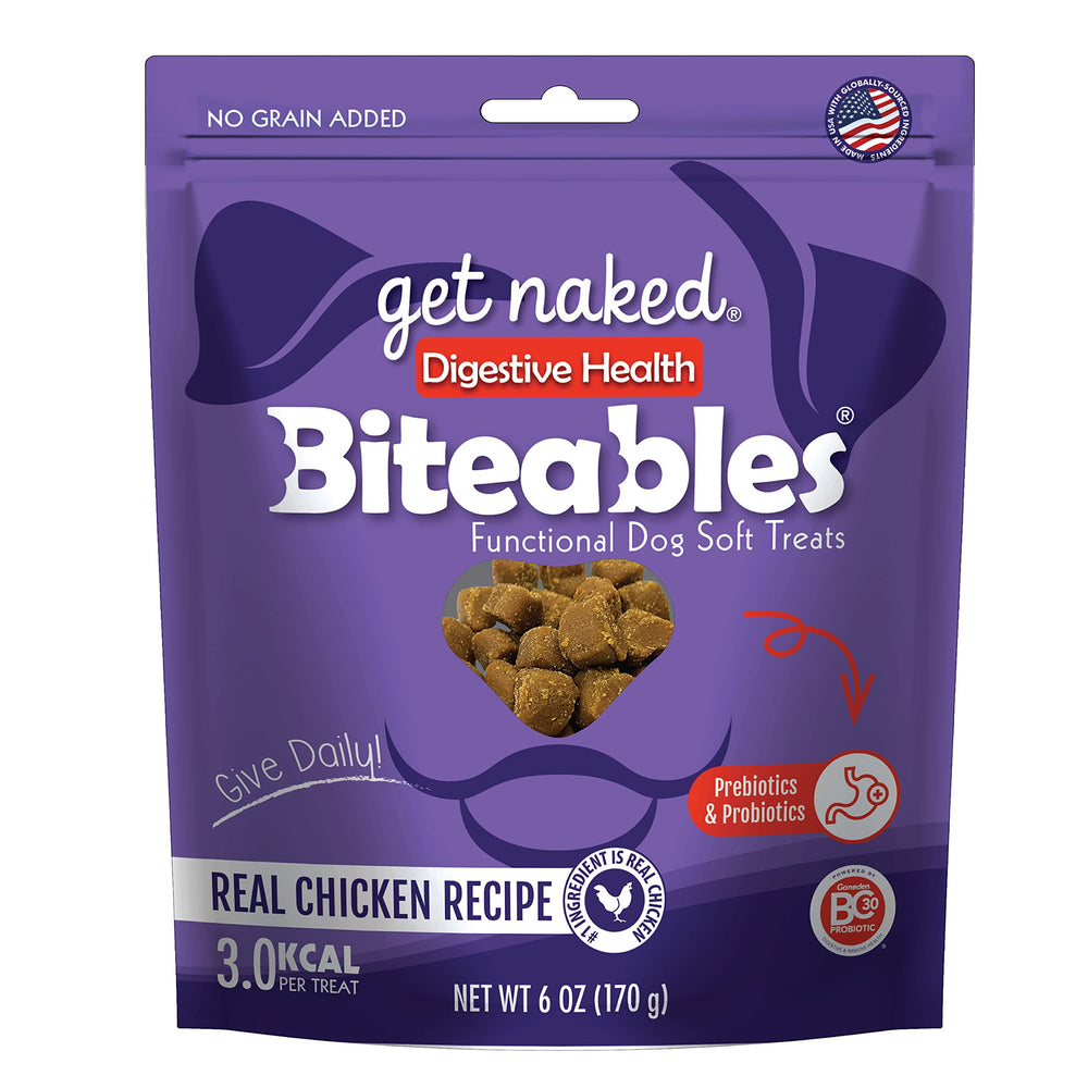 Get Naked Biteables dans un sachet ouvert, soutien éventuel à la digestion canine.