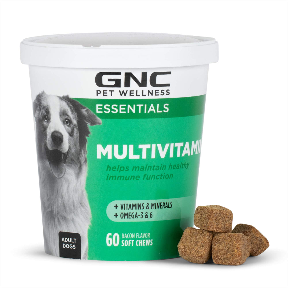 GNC Pets Essentials: boîte de 60 bouchées multivitamines pour chien, pratique au quotidien.