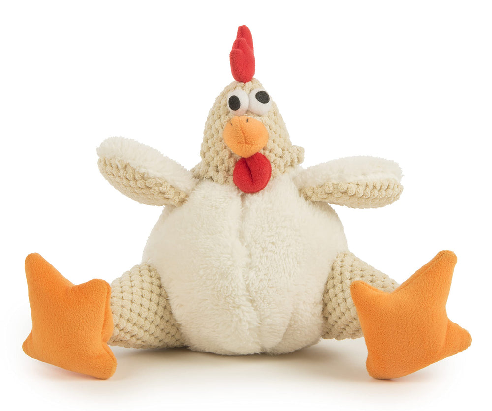 GoDog Checkers Fat Rooster, peluche blanche avant, cri intégré pour stimulation ludique.