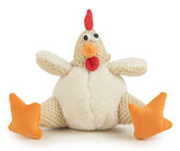 GoDog Checkers Fat Rooster, peluche blanche avant, cri intégré pour stimulation ludique.