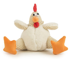 GoDog Checkers Fat Rooster, peluche blanche avant, cri intégré pour stimulation ludique.