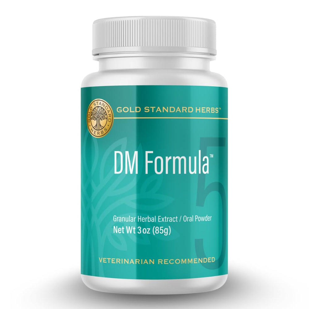 DM Formula Gold Standard Herbs, bouteille: poudre naturelle prête à soutenir la mobilité canine.