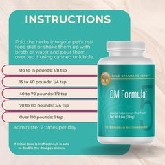 La poudre Gold Standard Herbs DM Formula est prête à être ajoutée à la nourriture du chien.