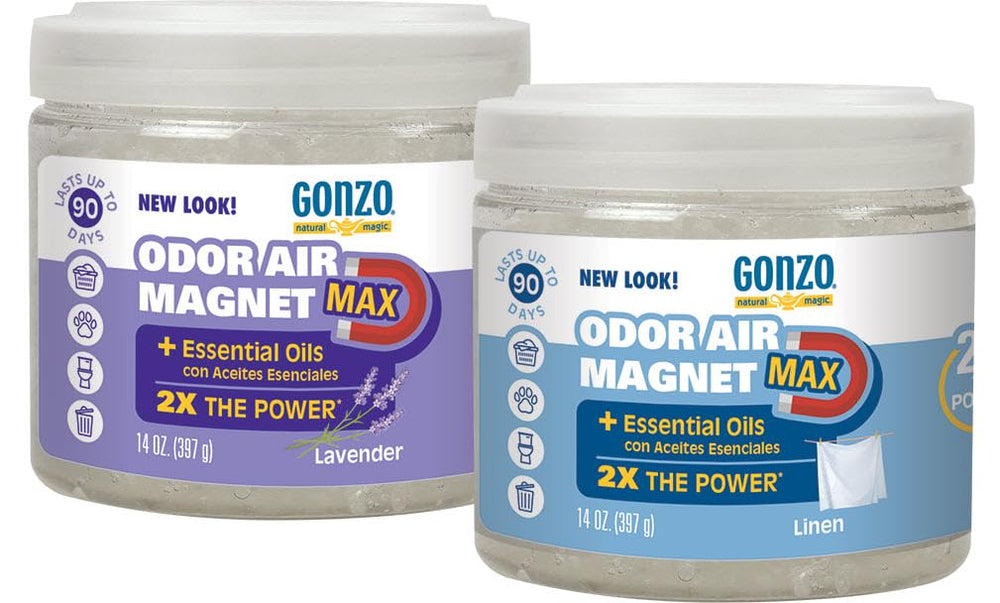 Gonzo Odor Air Magnet Max, bouteille bleue, neutralise les odeurs dans l’habitacle.