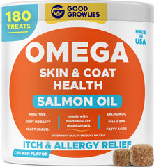 GOODGROWLIES Omega3 chien — bouteille montrant des friables pour peau saine et pelage brillant.
