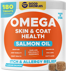 GOODGROWLIES emballage des bouchées omega-3 pour chien, pratique et facile à donner.