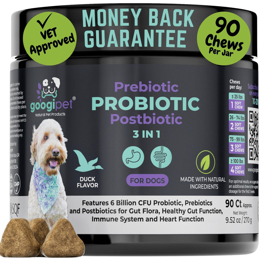 Googipet bouchées probiotiques chien canard soutiennent une digestion équilibrée.