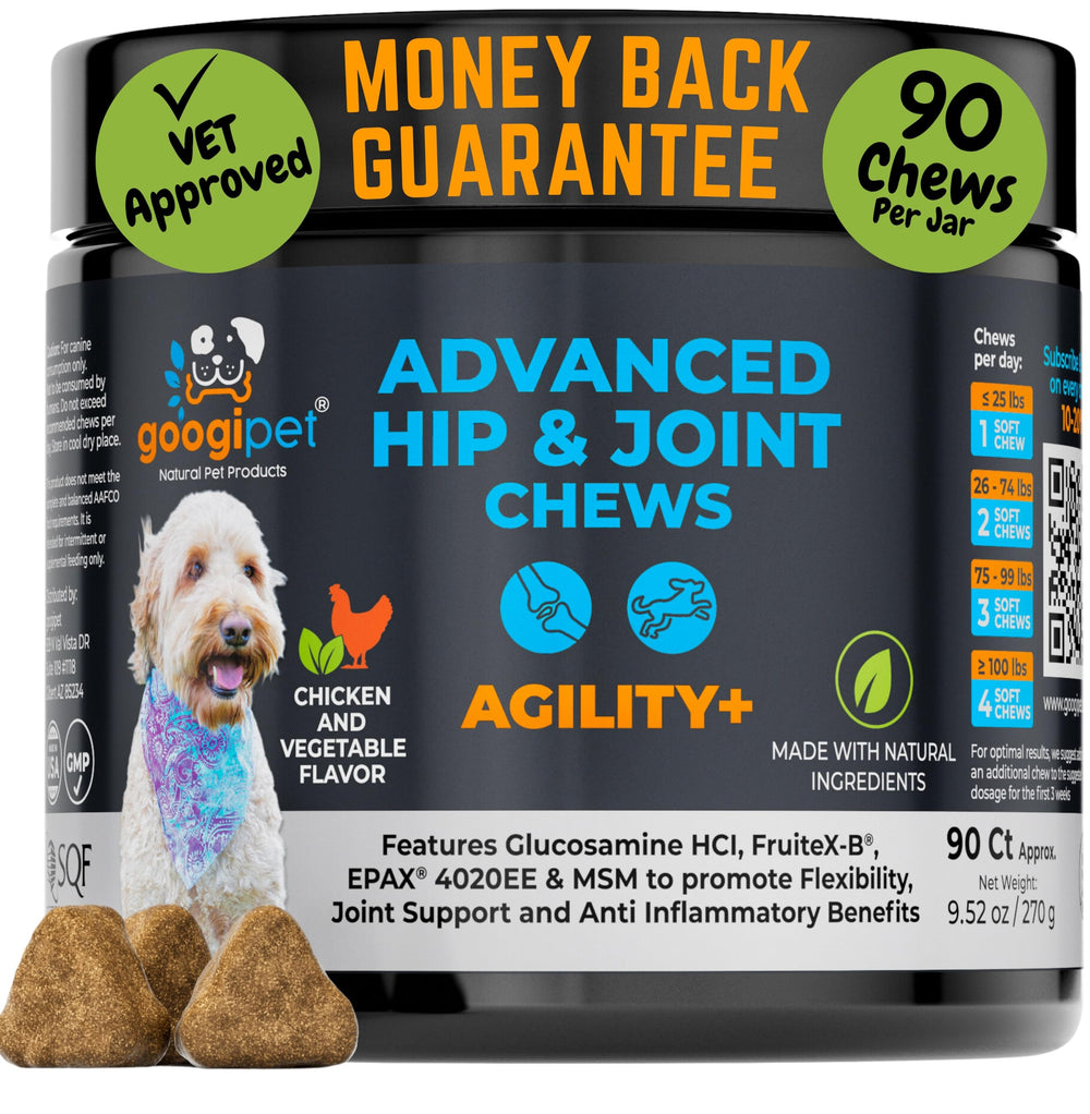 Googipet Premium gommes articulations chien: bouteille présentant la formule pour mobilité et confort.