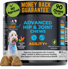 Googipet Premium gommes articulations chien: bouteille présentant la formule pour mobilité et confort.