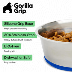 Bol nourriture et eau Gorilla Grip bleu, inox 304, hygiène facile.