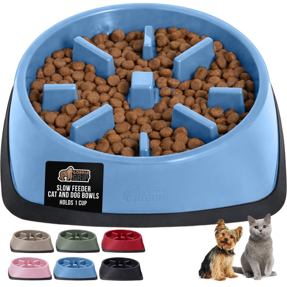 Gorilla Grip bol ralentisseur bleu clair pour chiens et chats, repas plus lent.
