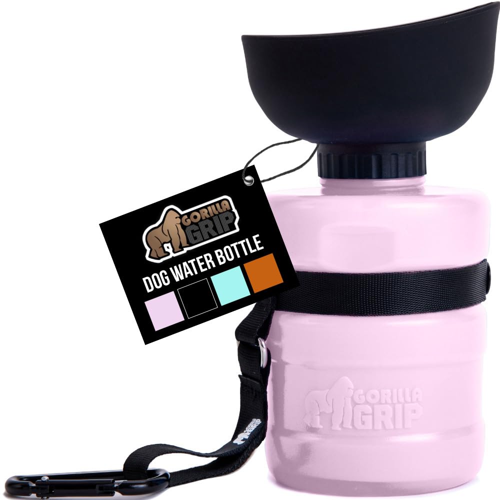GORILLA GRIP: bouteille eau chien 12oz rose avec bol intégré, idéal en balade
