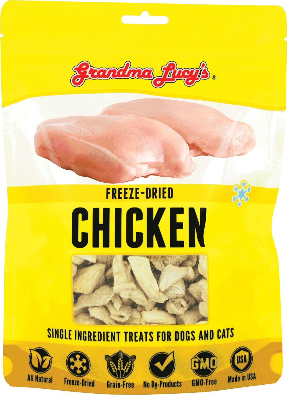 Friandises Grandma Lucy's au poulet séché, emballage jaune, récompense pratique au quotidien.