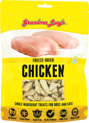 Friandises Grandma Lucy's au poulet séché, emballage jaune, récompense pratique au quotidien.