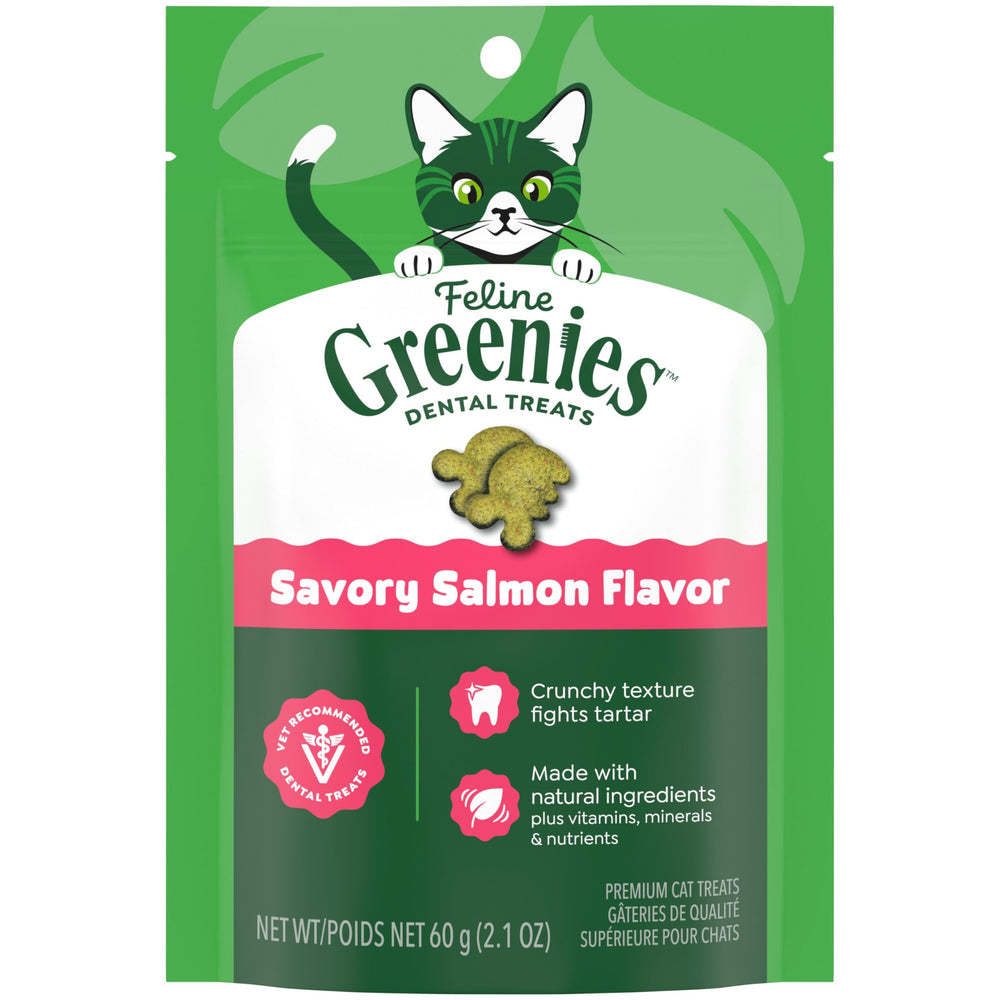 Greenies chat-traites-dentaires-saumon-paquet: sachet pratique pour routine quotidienne d'hygiène.