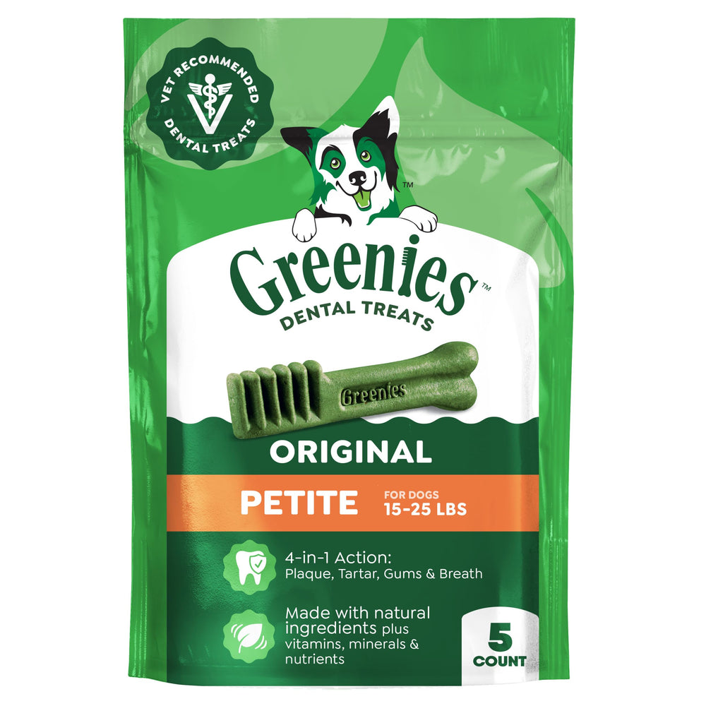 Greenies emballage petite taille montrant le lot de 5 friandises dentaires, prêt pour l'hygiène bucco-dentaire.